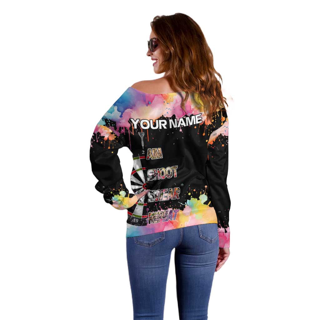 Dartboard and Colorful Paint Splash Darts Off Shoulder Sweater with Aim Shoot Swear Repeat Quote Custom Name TS04