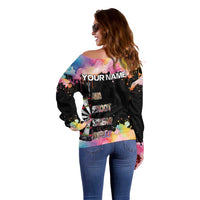 Dartboard and Colorful Paint Splash Darts Off Shoulder Sweater with Aim Shoot Swear Repeat Quote Custom Name TS04