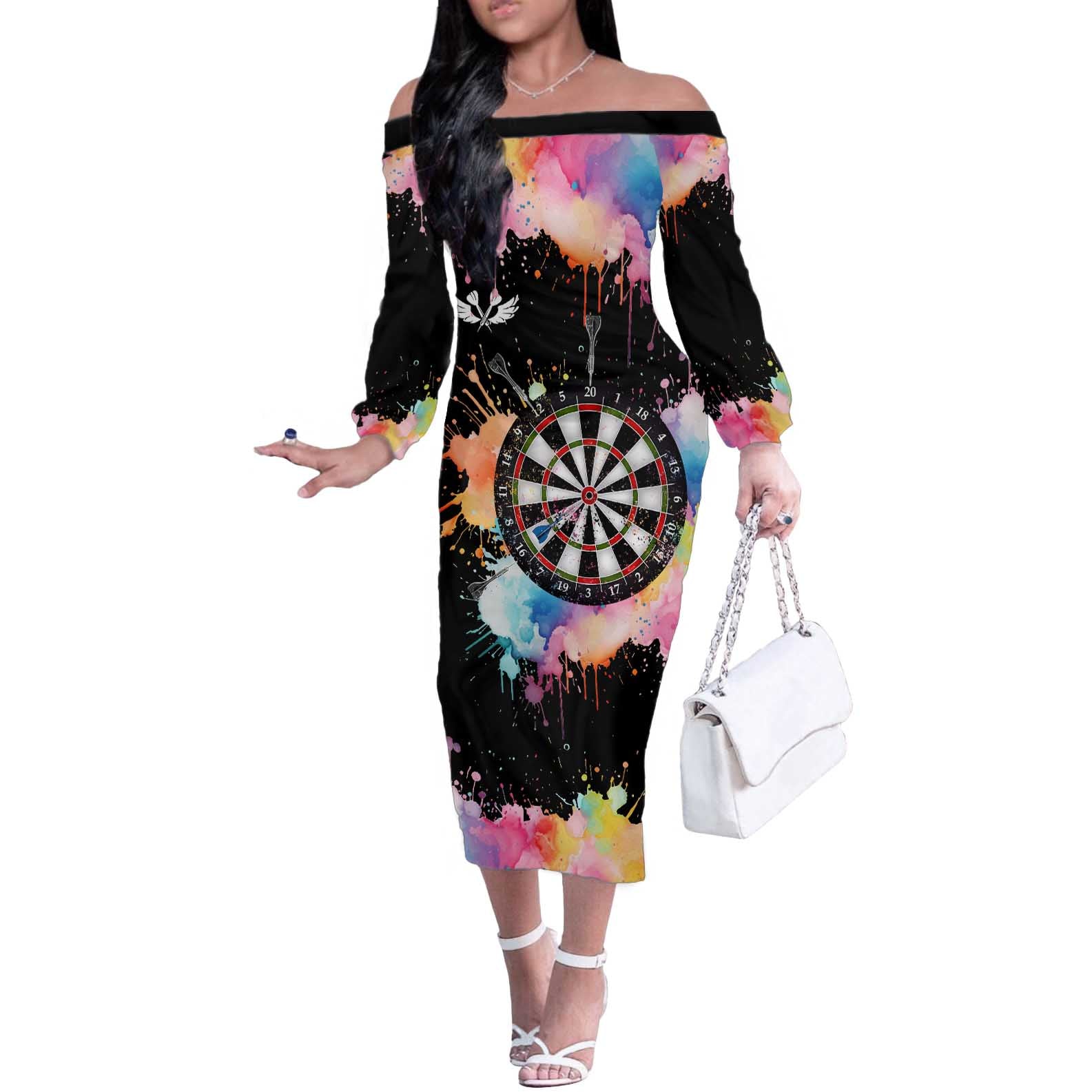 Dartboard and Colorful Paint Splash Darts Off The Shoulder Long Sleeve Dress with Aim Shoot Swear Repeat Quote Custom Name TS04
