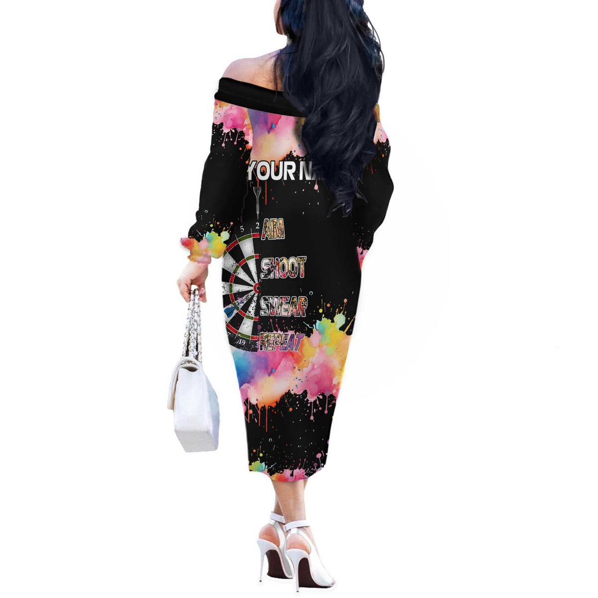 Dartboard and Colorful Paint Splash Darts Off The Shoulder Long Sleeve Dress with Aim Shoot Swear Repeat Quote Custom Name TS04