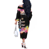 Dartboard and Colorful Paint Splash Darts Off The Shoulder Long Sleeve Dress with Aim Shoot Swear Repeat Quote Custom Name TS04