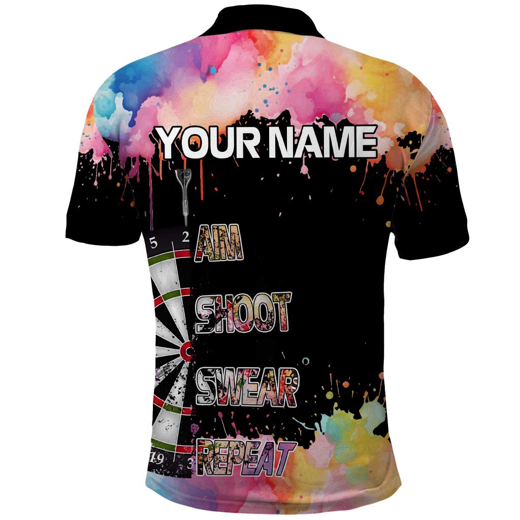 Dartboard and Colorful Paint Splash Darts Polo Shirt with Aim Shoot Swear Repeat Quote Custom Name TS04
