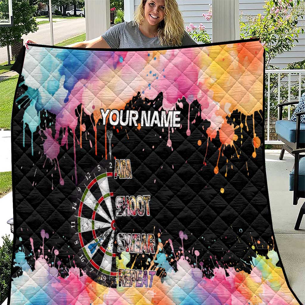 Dartboard and Colorful Paint Splash Darts Quilt with Aim Shoot Swear Repeat Quote Custom Name - Wonder Print Shop
