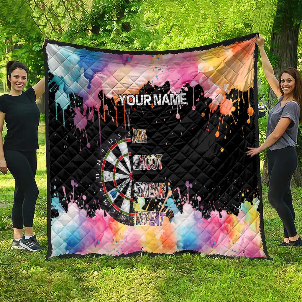 Dartboard and Colorful Paint Splash Darts Quilt with Aim Shoot Swear Repeat Quote Custom Name - Wonder Print Shop