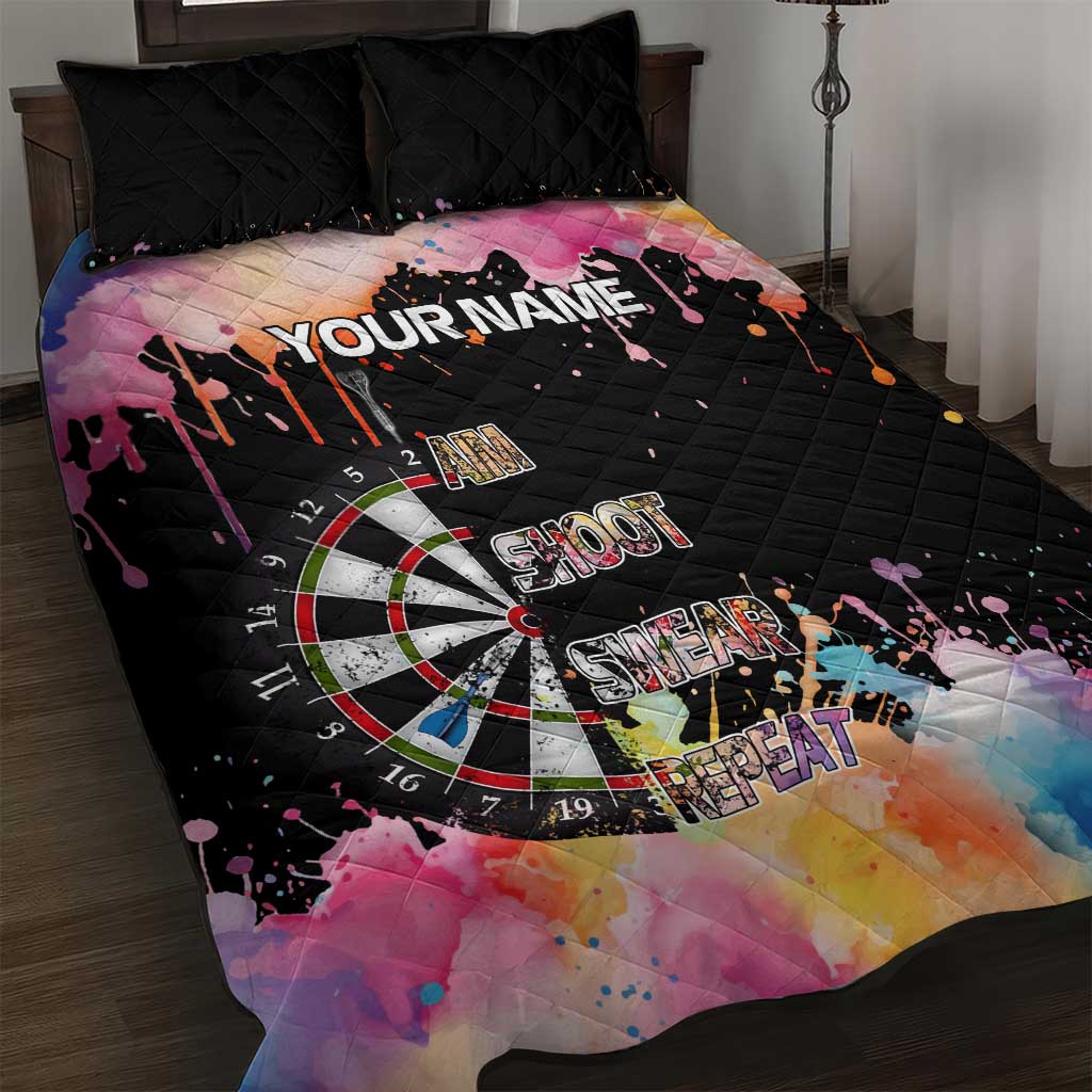 Dartboard and Colorful Paint Splash Darts Quilt Bed Set with Aim Shoot Swear Repeat Quote Custom Name - Wonder Print Shop
