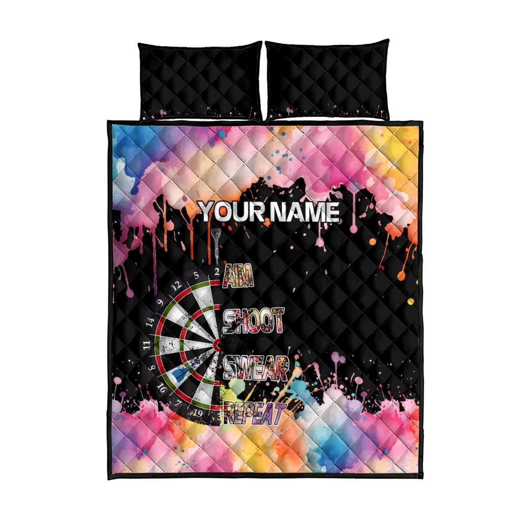 Dartboard and Colorful Paint Splash Darts Quilt Bed Set with Aim Shoot Swear Repeat Quote Custom Name - Wonder Print Shop