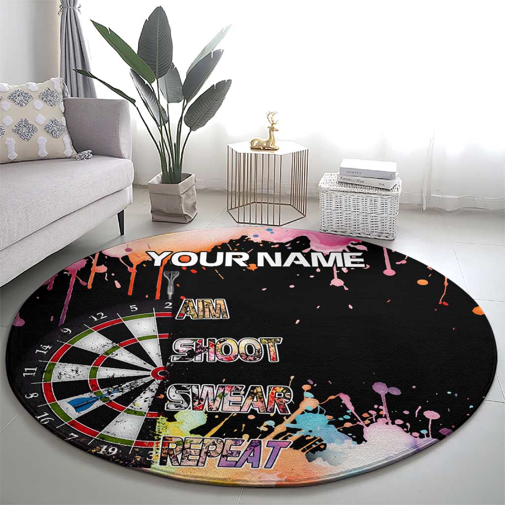 Dartboard and Colorful Paint Splash Darts Round Carpet with Aim Shoot Swear Repeat Quote Custom Name - Wonder Print Shop