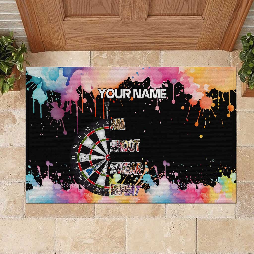 Dartboard and Colorful Paint Splash Darts Rubber Doormat with Aim Shoot Swear Repeat Quote Custom Name - Wonder Print Shop