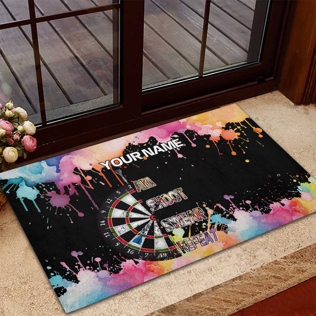 Dartboard and Colorful Paint Splash Darts Rubber Doormat with Aim Shoot Swear Repeat Quote Custom Name - Wonder Print Shop