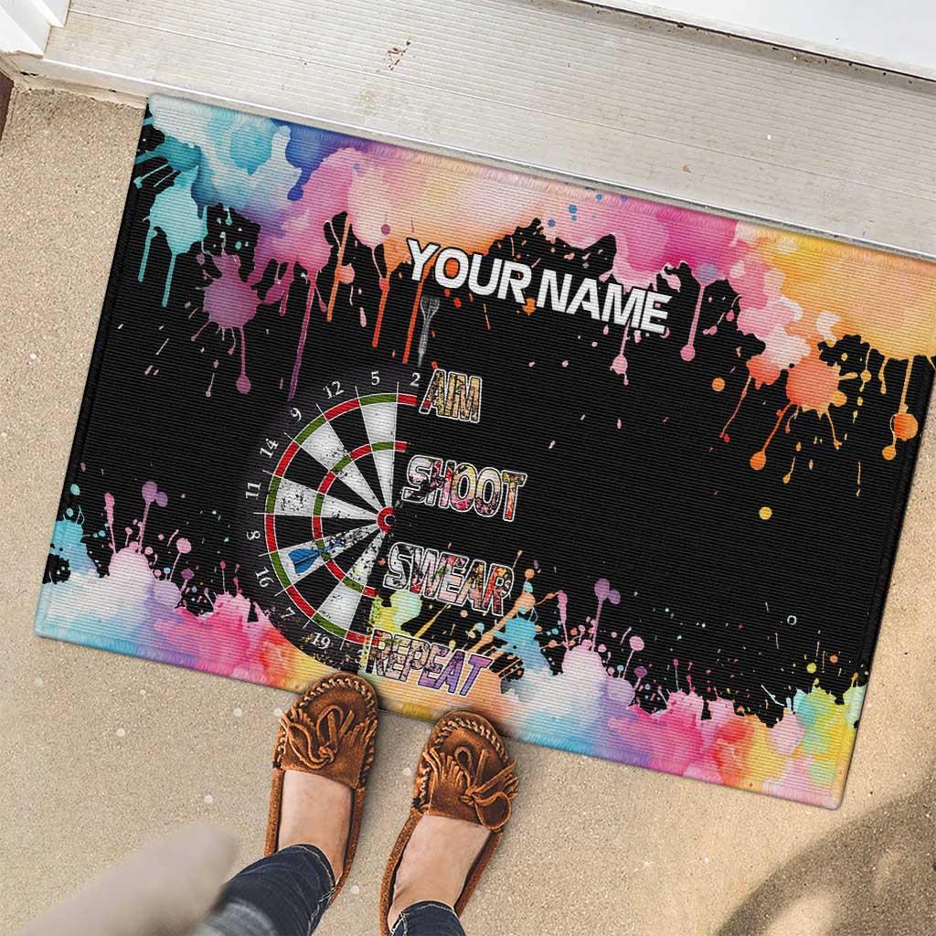 Dartboard and Colorful Paint Splash Darts Rubber Doormat with Aim Shoot Swear Repeat Quote Custom Name - Wonder Print Shop