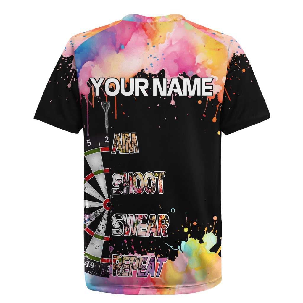 Dartboard and Colorful Paint Splash Darts Rugby Jersey with Aim Shoot Swear Repeat Quote Custom Name TS04