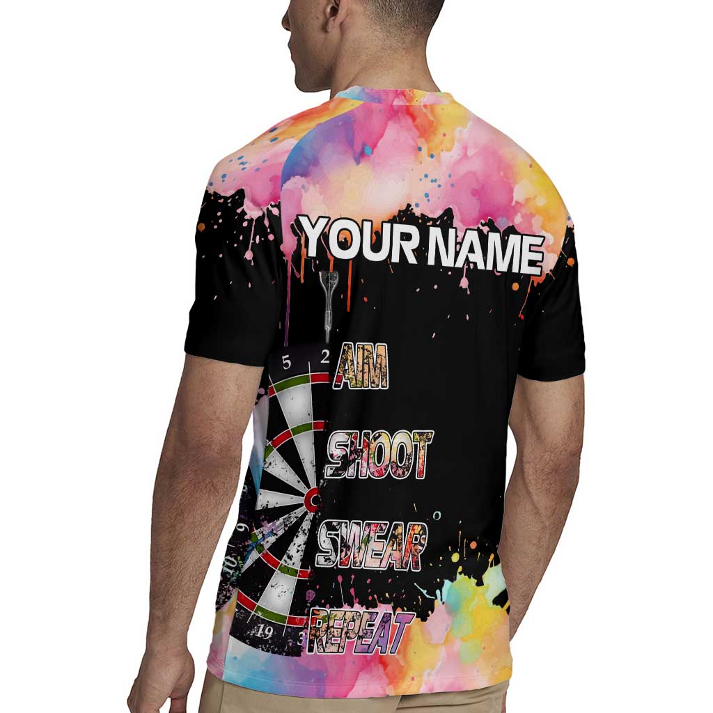 Dartboard and Colorful Paint Splash Darts Rugby Jersey with Aim Shoot Swear Repeat Quote Custom Name TS04