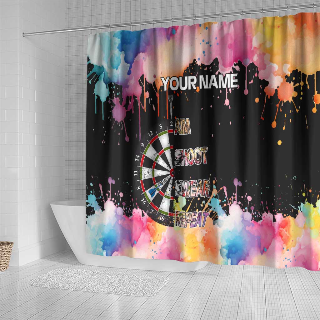 Dartboard and Colorful Paint Splash Darts Shower Curtain with Aim Shoot Swear Repeat Quote Custom Name - Wonder Print Shop