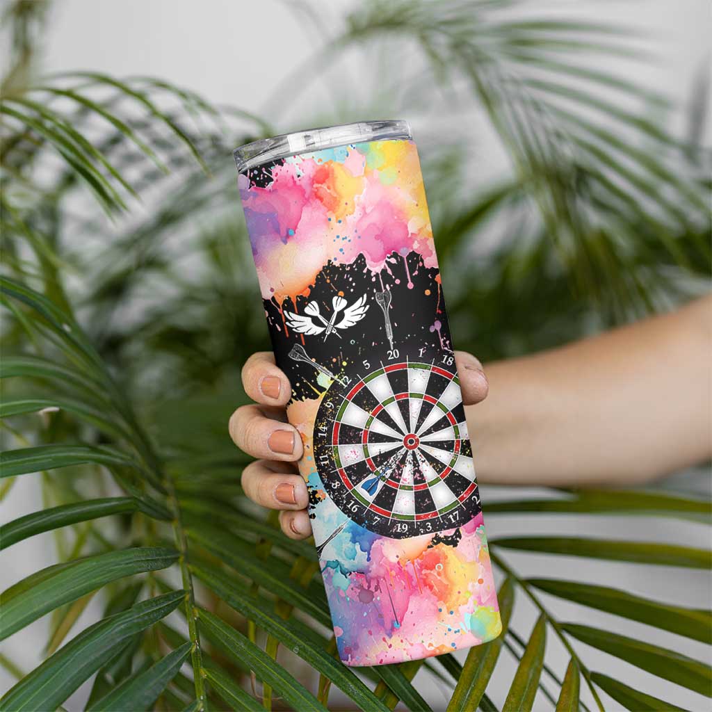 Dartboard and Colorful Paint Splash Darts Skinny Tumbler with Aim Shoot Swear Repeat Quote Custom Name - Wonder Print Shop