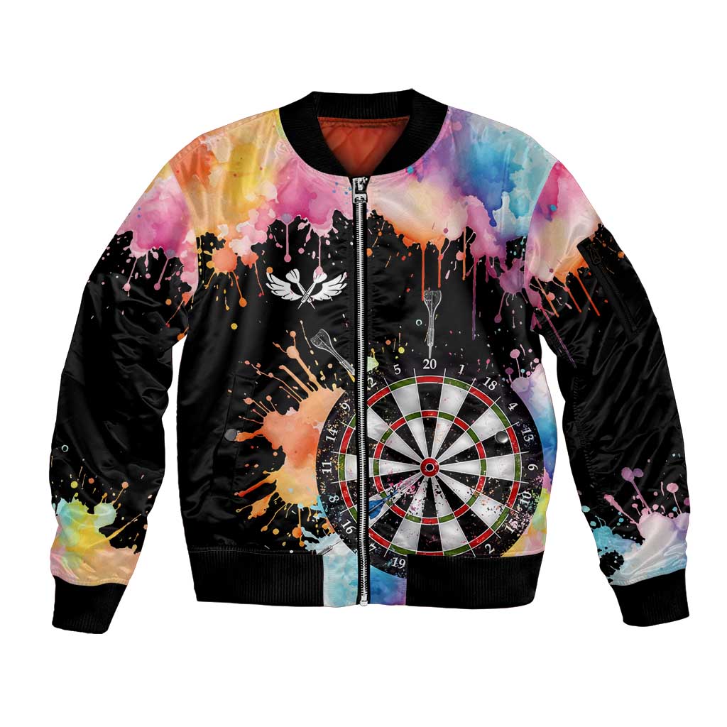 Dartboard and Colorful Paint Splash Darts Sleeve Zip Bomber Jacket with Aim Shoot Swear Repeat Quote Custom Name TS04