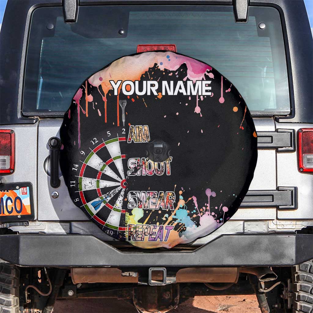 Dartboard and Colorful Paint Splash Darts Spare Tire Cover with Aim Shoot Swear Repeat Quote Custom Name - Wonder Print Shop