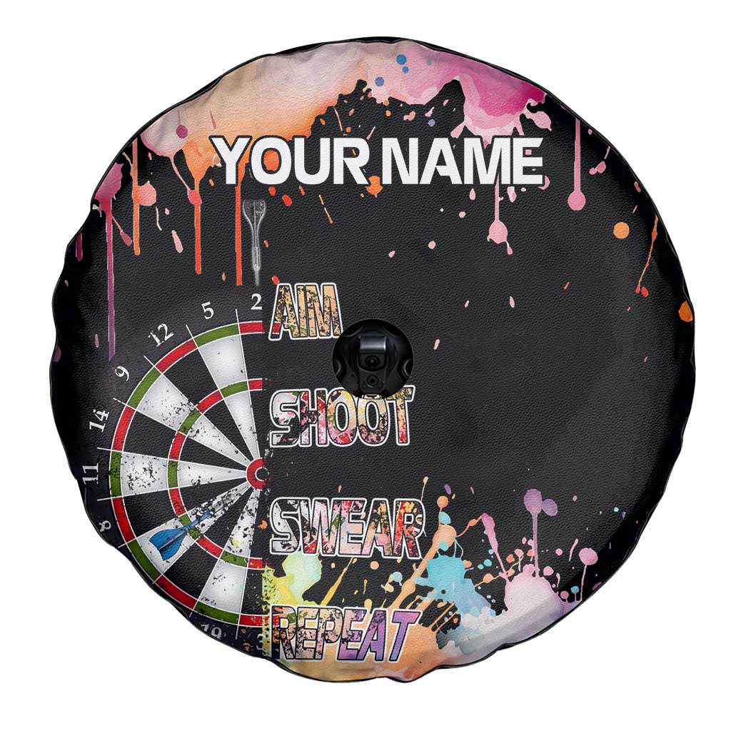 Dartboard and Colorful Paint Splash Darts Spare Tire Cover with Aim Shoot Swear Repeat Quote Custom Name - Wonder Print Shop