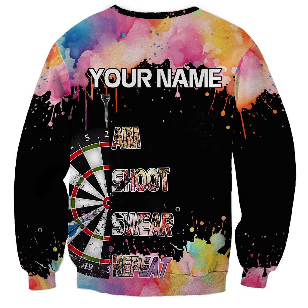 Dartboard and Colorful Paint Splash Darts Sweatshirt with Aim Shoot Swear Repeat Quote Custom Name TS04