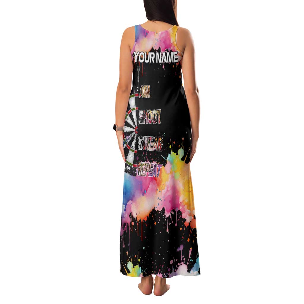 Dartboard and Colorful Paint Splash Darts Tank Maxi Dress with Aim Shoot Swear Repeat Quote Custom Name TS04