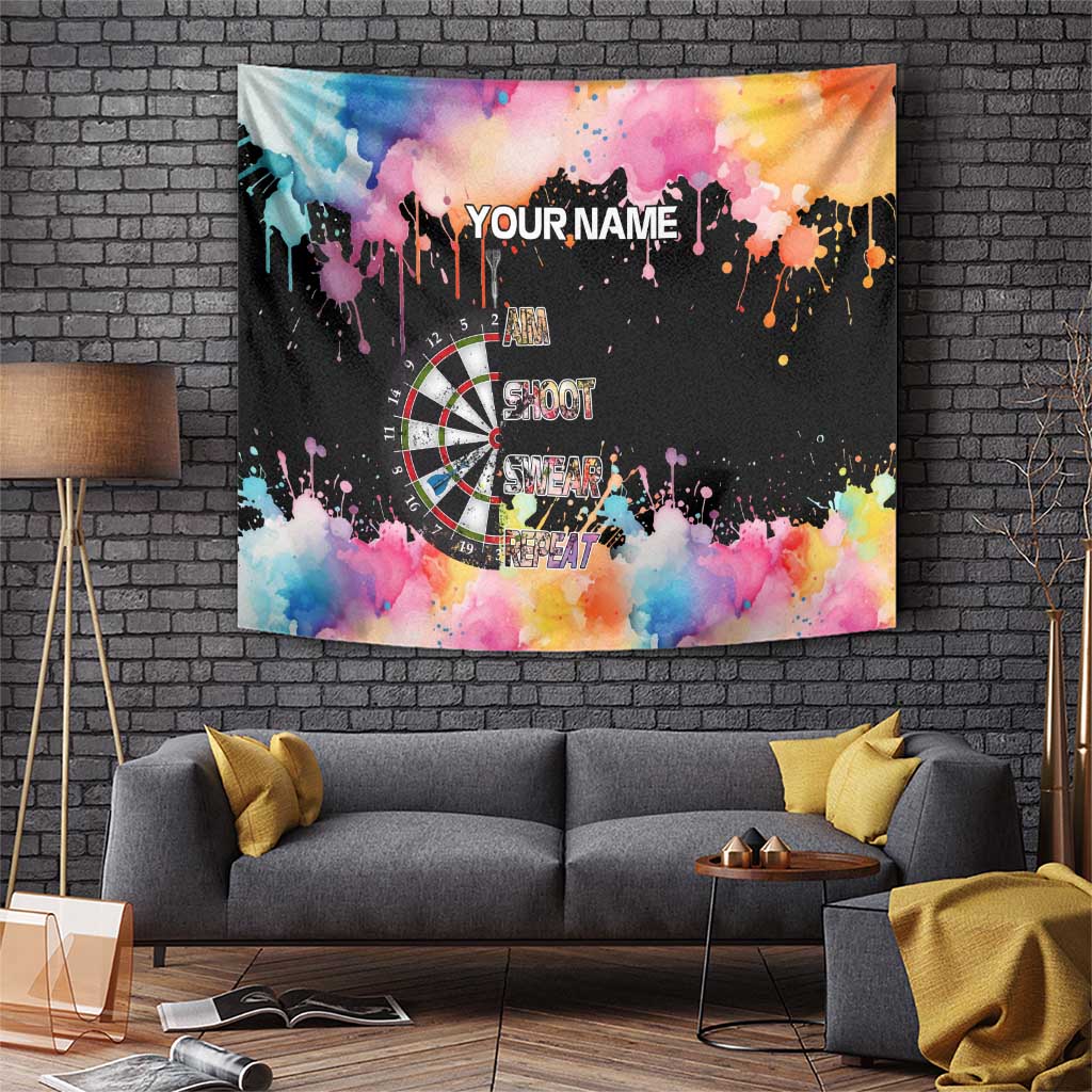 Dartboard and Colorful Paint Splash Darts Tapestry with Aim Shoot Swear Repeat Quote Custom Name - Wonder Print Shop