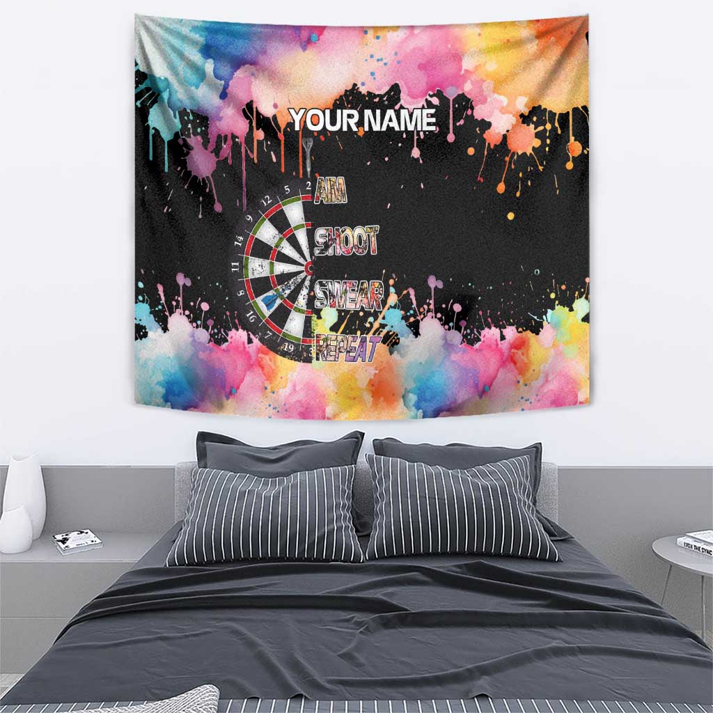 Dartboard and Colorful Paint Splash Darts Tapestry with Aim Shoot Swear Repeat Quote Custom Name - Wonder Print Shop