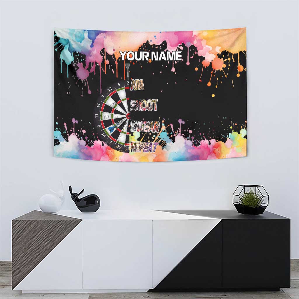 Dartboard and Colorful Paint Splash Darts Tapestry with Aim Shoot Swear Repeat Quote Custom Name - Wonder Print Shop
