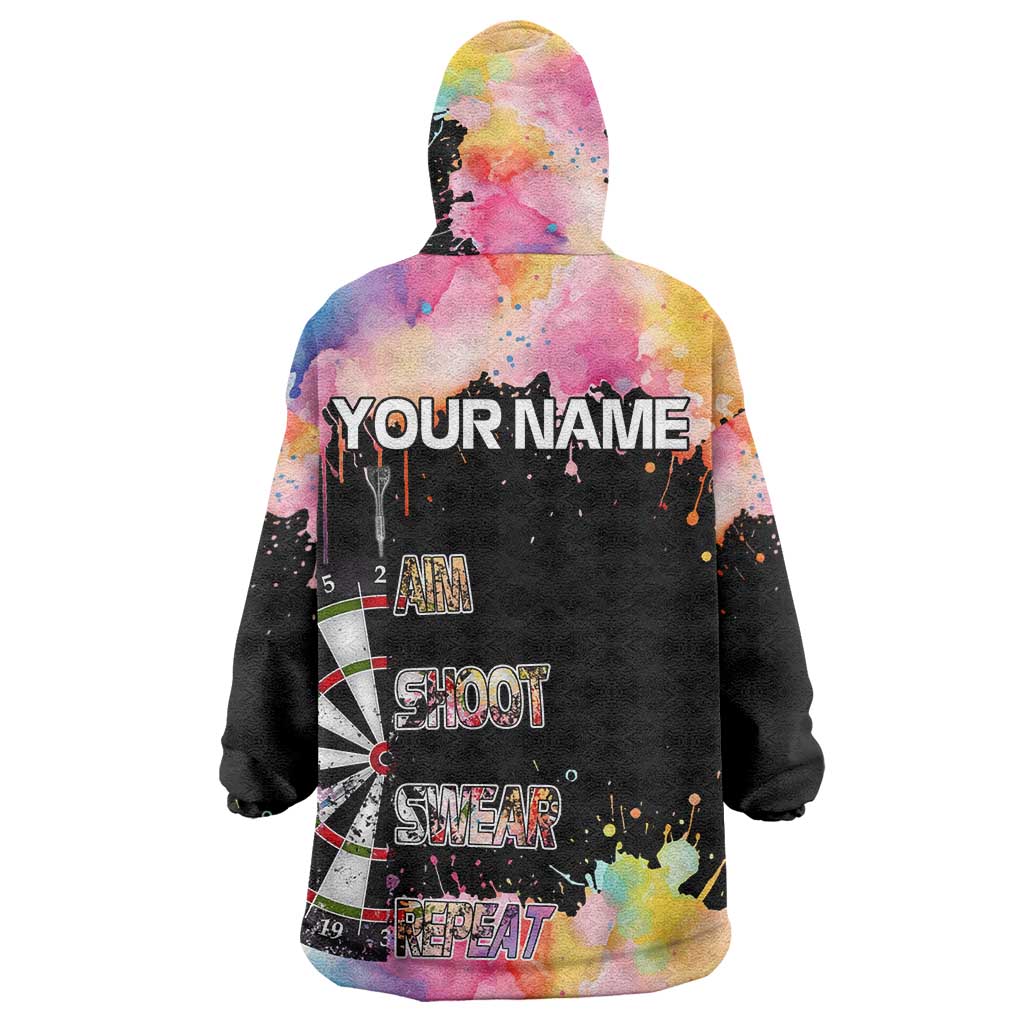 Dartboard and Colorful Paint Splash Darts Wearable Blanket Hoodie with Aim Shoot Swear Repeat Quote Custom Name TS04
