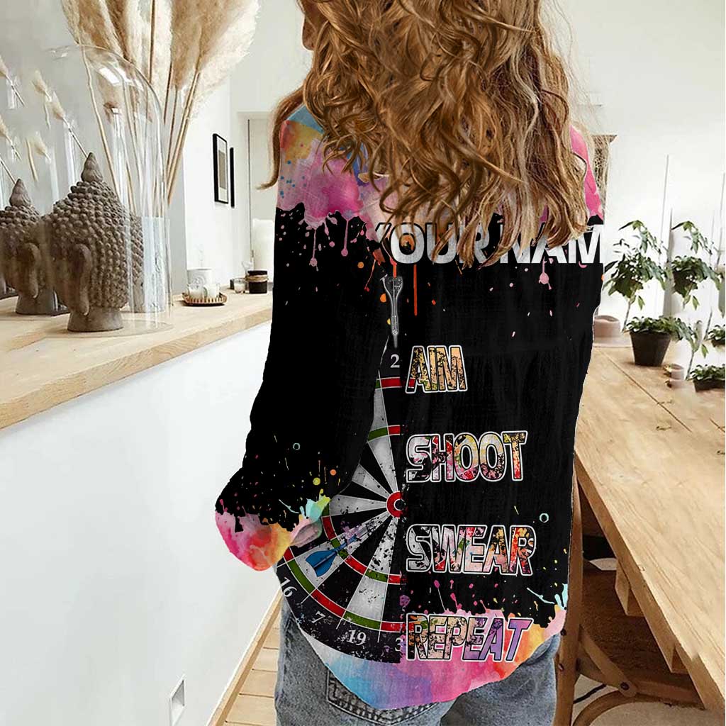 Dartboard and Colorful Paint Splash Darts Women Casual Shirt with Aim Shoot Swear Repeat Quote Custom Name TS04
