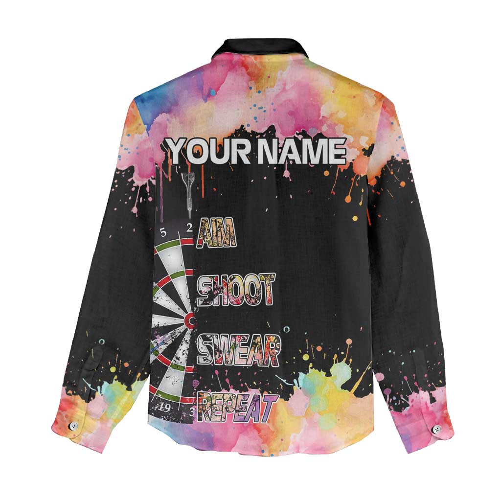 Dartboard and Colorful Paint Splash Darts Women Casual Shirt with Aim Shoot Swear Repeat Quote Custom Name TS04