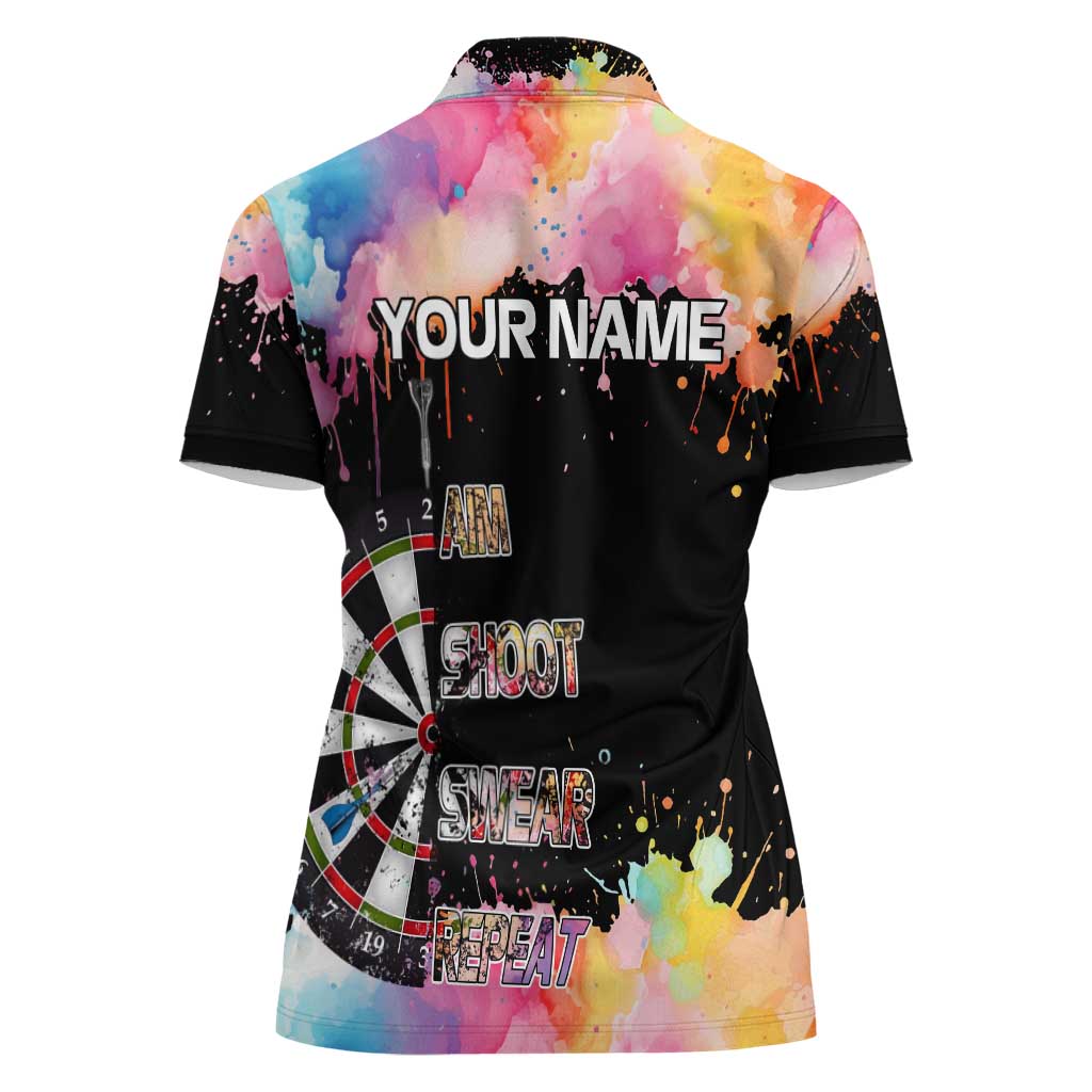 Dartboard and Colorful Paint Splash Darts Women Polo Shirt with Aim Shoot Swear Repeat Quote Custom Name TS04