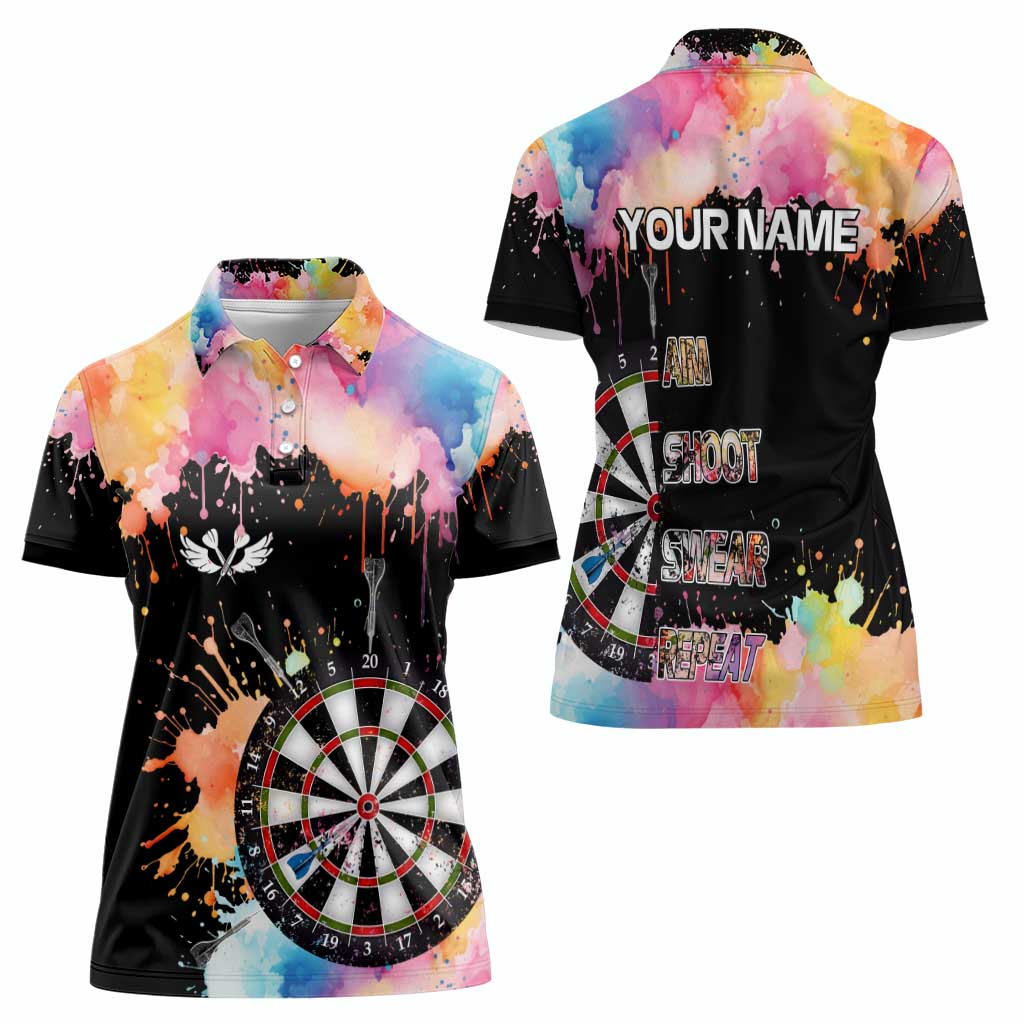 Dartboard and Colorful Paint Splash Darts Women Polo Shirt with Aim Shoot Swear Repeat Quote Custom Name TS04