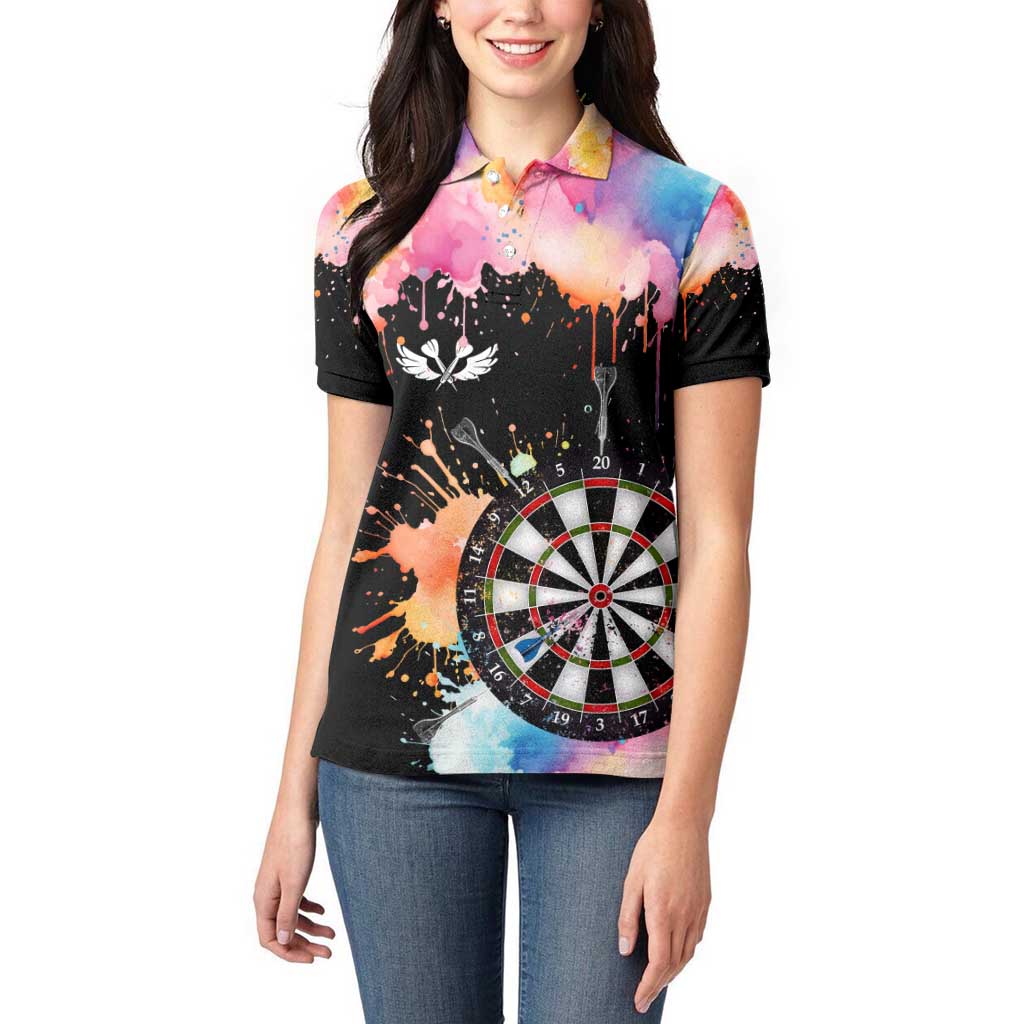 Dartboard and Colorful Paint Splash Darts Women Polo Shirt with Aim Shoot Swear Repeat Quote Custom Name TS04