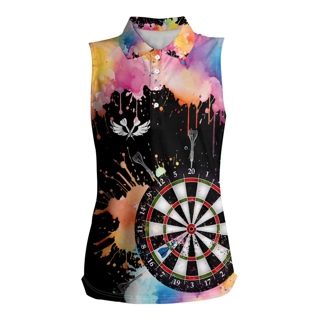 Dartboard and Colorful Paint Splash Darts Women Sleeveless Polo Shirt with Aim Shoot Swear Repeat Quote Custom Name TS04