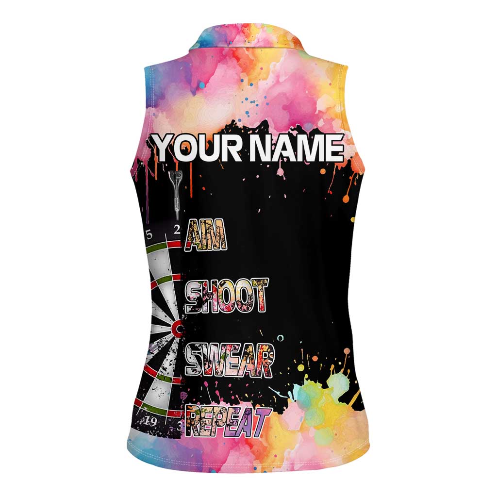 Dartboard and Colorful Paint Splash Darts Women Sleeveless Polo Shirt with Aim Shoot Swear Repeat Quote Custom Name TS04