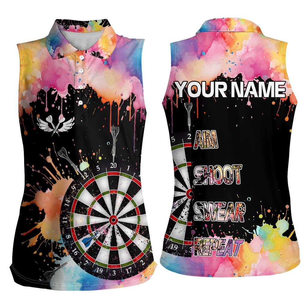 Dartboard and Colorful Paint Splash Darts Women Sleeveless Polo Shirt with Aim Shoot Swear Repeat Quote Custom Name TS04