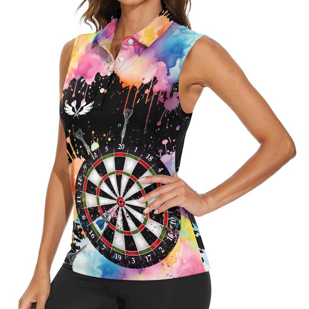 Dartboard and Colorful Paint Splash Darts Women Sleeveless Polo Shirt with Aim Shoot Swear Repeat Quote Custom Name TS04