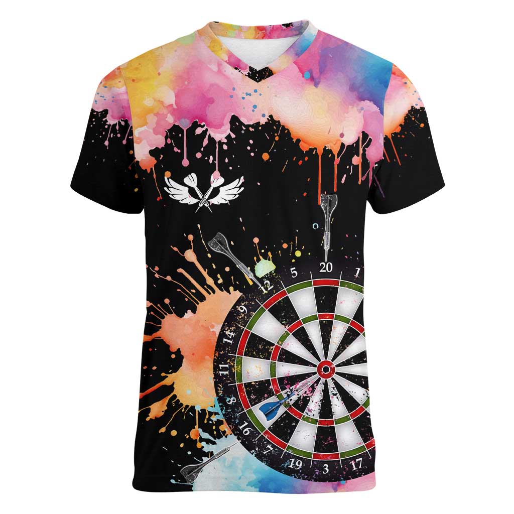Dartboard and Colorful Paint Splash Darts Women V-Neck T-Shirt with Aim Shoot Swear Repeat Quote Custom Name TS04