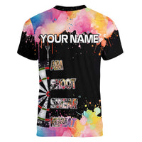 Dartboard and Colorful Paint Splash Darts Women V-Neck T-Shirt with Aim Shoot Swear Repeat Quote Custom Name TS04