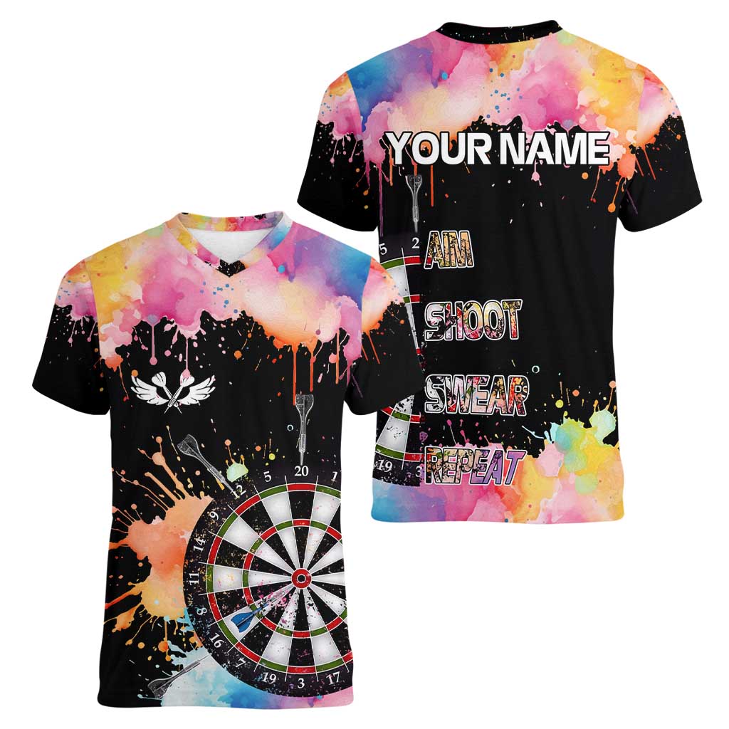 Dartboard and Colorful Paint Splash Darts Women V-Neck T-Shirt with Aim Shoot Swear Repeat Quote Custom Name TS04