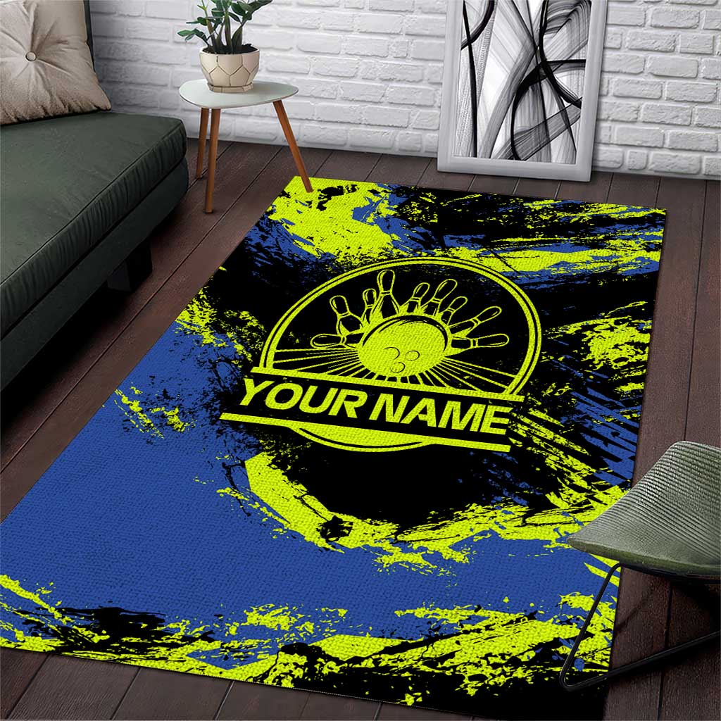 Abstract Blue and Yellow Bowling Ball Strike Design Area Rug with Custom Name Print - Wonder Print Shop
