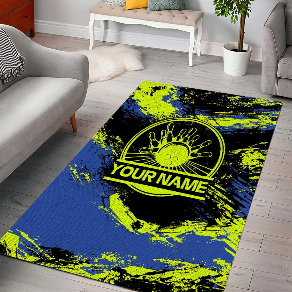 Abstract Blue and Yellow Bowling Ball Strike Design Area Rug with Custom Name Print - Wonder Print Shop
