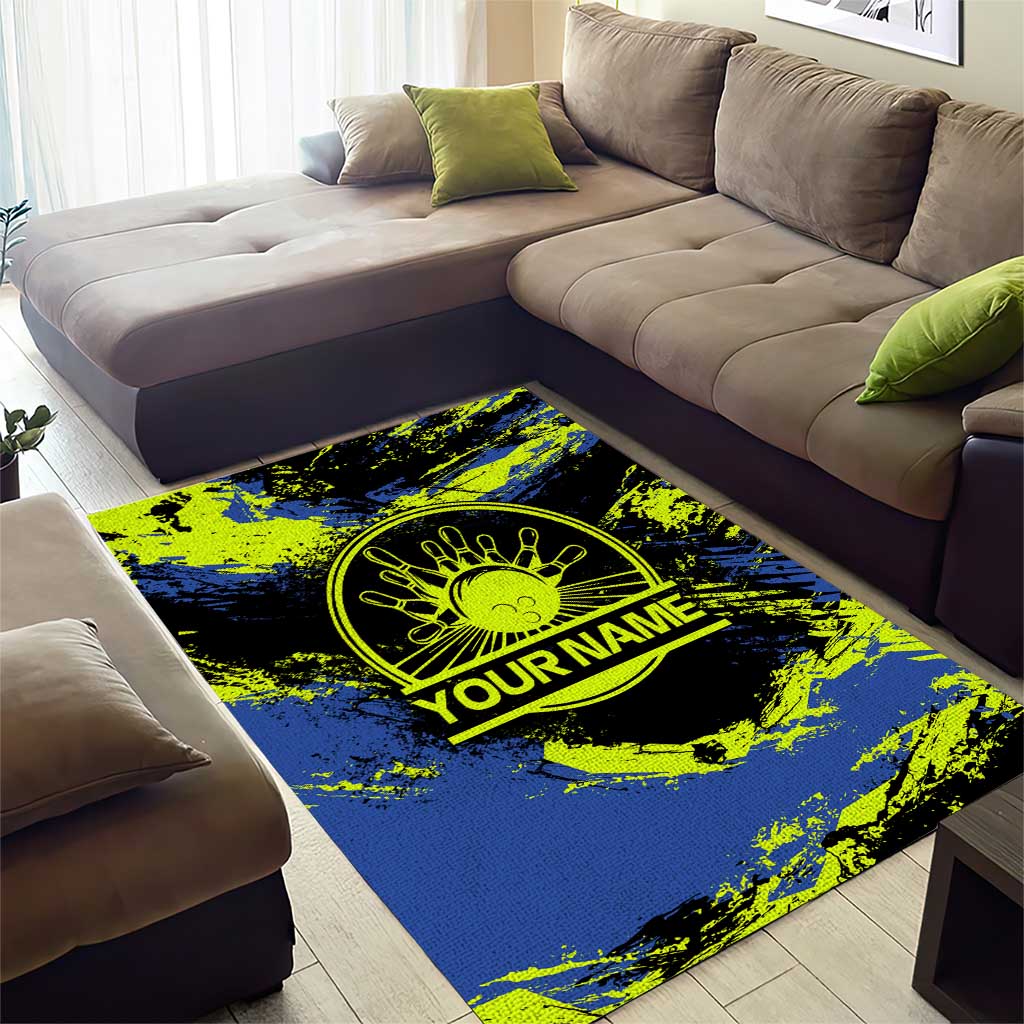 Abstract Blue and Yellow Bowling Ball Strike Design Area Rug with Custom Name Print - Wonder Print Shop