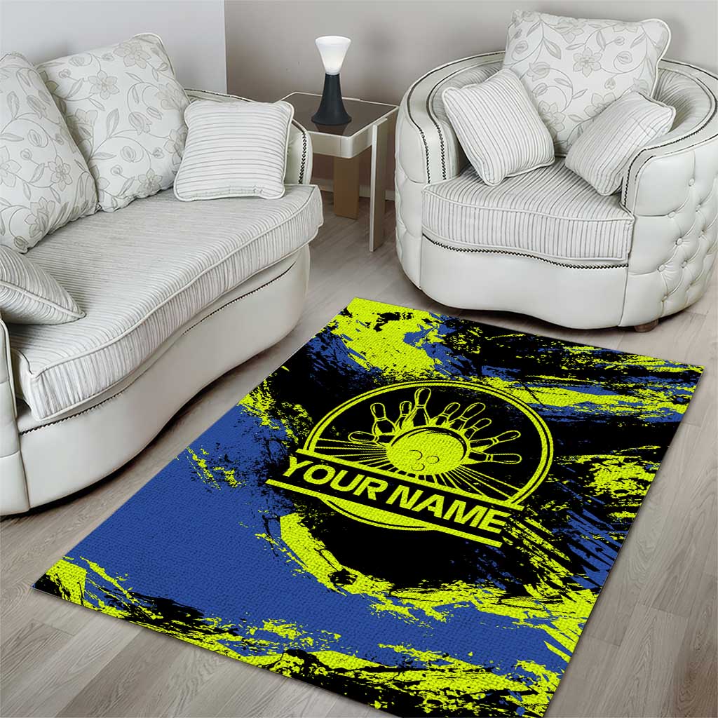Abstract Blue and Yellow Bowling Ball Strike Design Area Rug with Custom Name Print - Wonder Print Shop