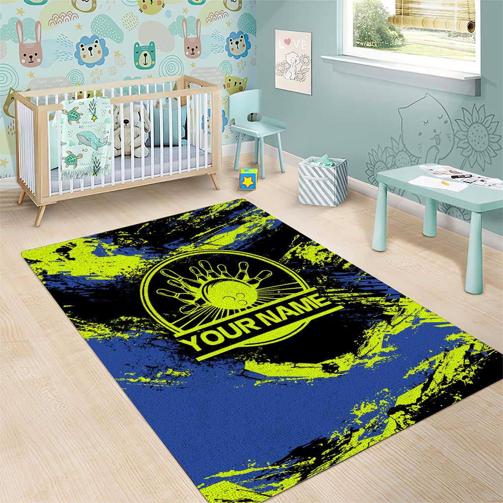Abstract Blue and Yellow Bowling Ball Strike Design Area Rug with Custom Name Print - Wonder Print Shop