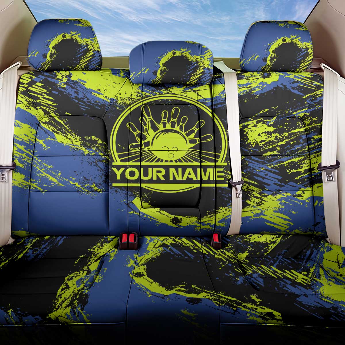Abstract Blue and Yellow Bowling Ball Strike Design Back Car Seat Cover with Custom Name Print - Wonder Print Shop
