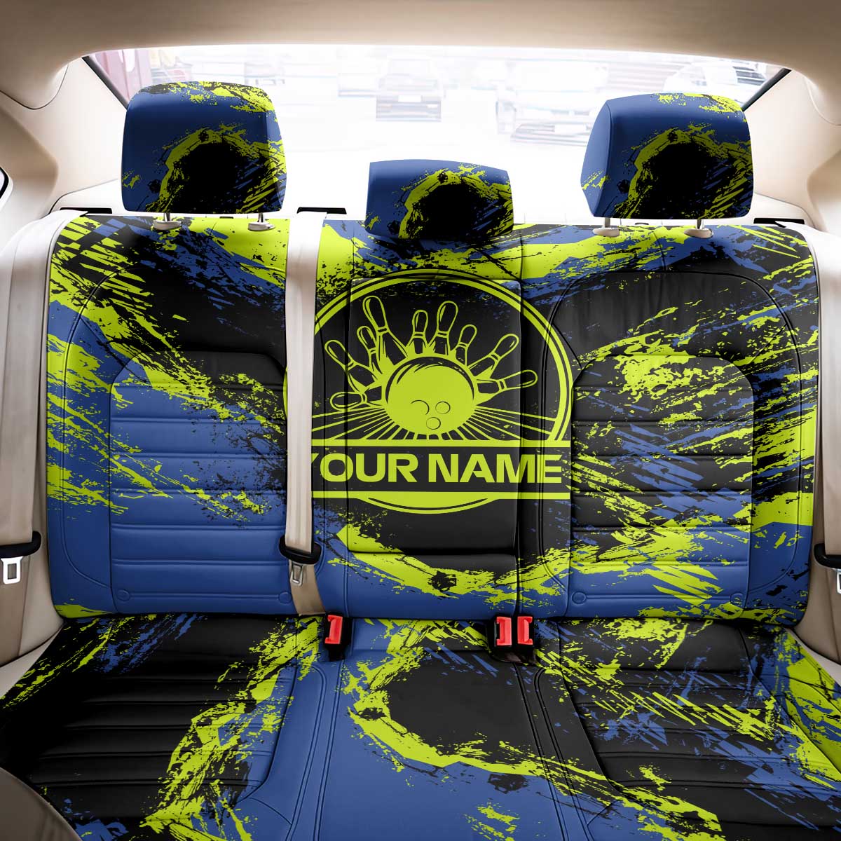 Abstract Blue and Yellow Bowling Ball Strike Design Back Car Seat Cover with Custom Name Print - Wonder Print Shop
