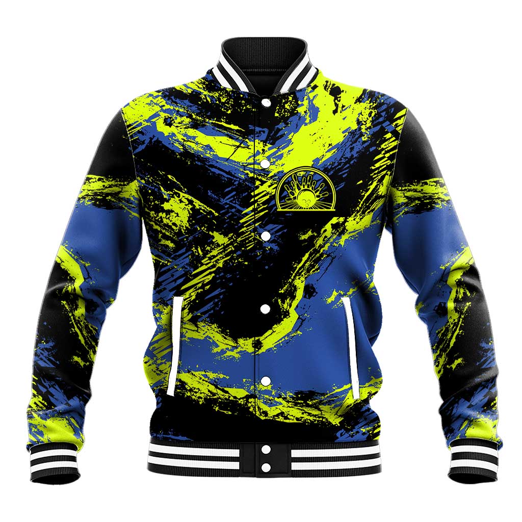 Abstract Blue and Yellow Bowling Ball Strike Design Baseball Jacket with Custom Name Print - Wonder Print Shop