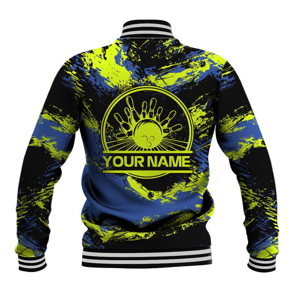 Abstract Blue and Yellow Bowling Ball Strike Design Baseball Jacket with Custom Name Print - Wonder Print Shop