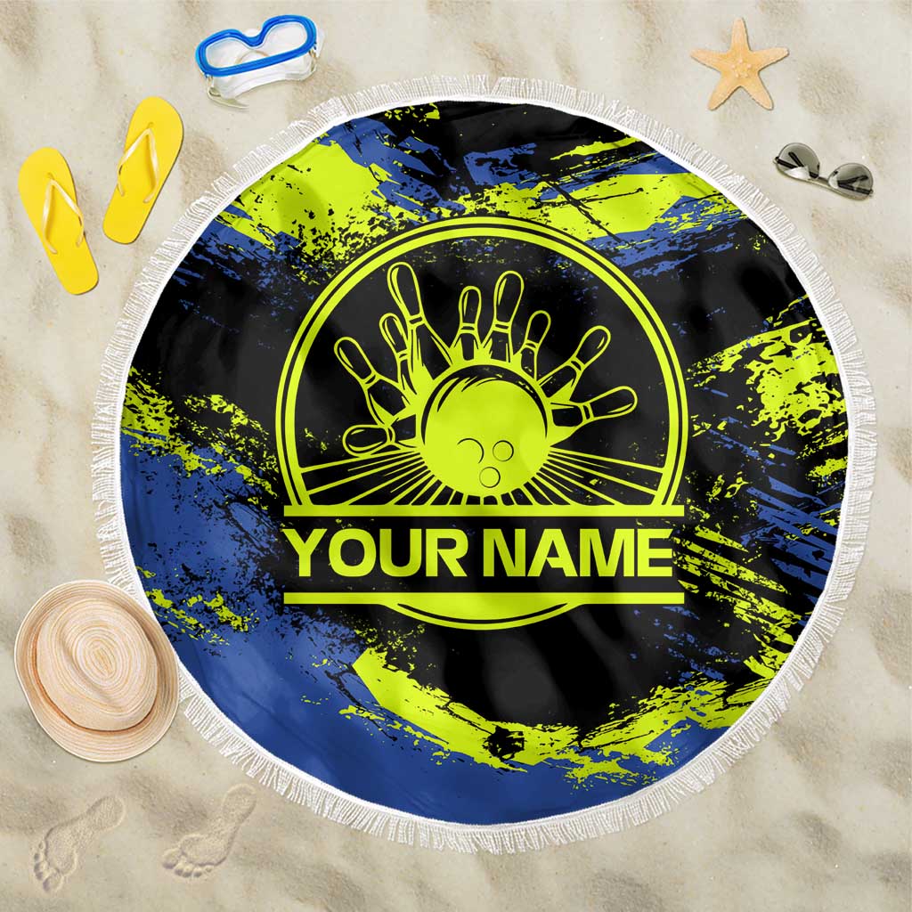 Abstract Blue and Yellow Bowling Ball Strike Design Beach Blanket with Custom Name Print - Wonder Print Shop