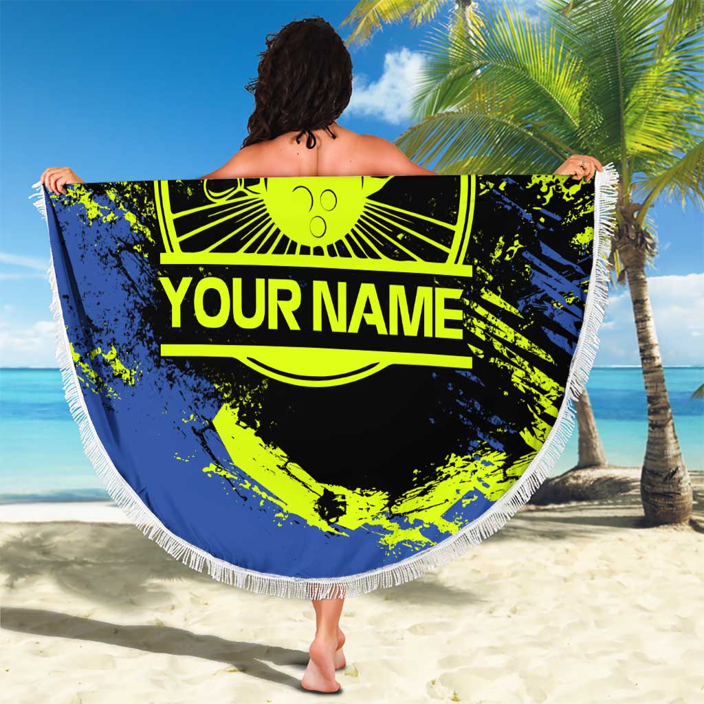 Abstract Blue and Yellow Bowling Ball Strike Design Beach Blanket with Custom Name Print - Wonder Print Shop